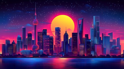 Cityscape silhouette with a tower and skyscrapers under a starry sky and a large sun setting behind