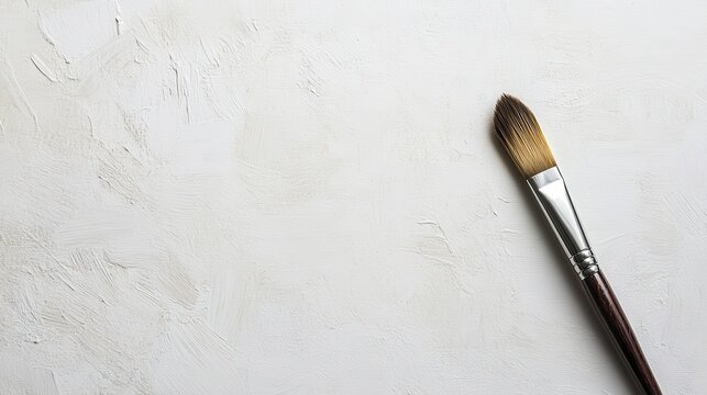 Close-up view of a paintbrush resting on a textured white background in an artist's workspace during daylight hours