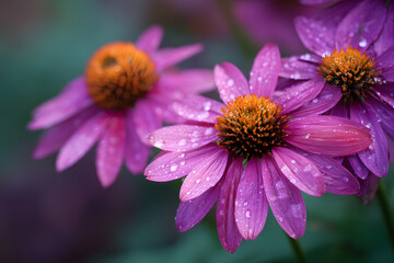 Stunning Close-Up Shot of Purple Flowers with Dew Drops in a Lush Green Setting