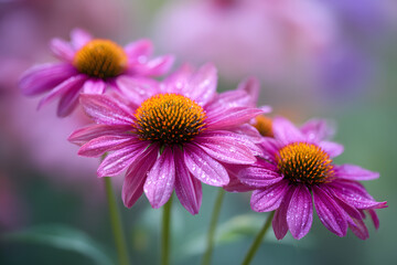 Ultra Realistic Editorial Photograph of Vibrant Purple Flowers with Water Droplets in a Soft Focus Background