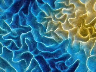 Abstract Oceanic Flow: An artistic representation of swirling currents in shades of deep blue and vibrant gold, evoking a sense of fluidity and dynamic movement within a photorealistic environment.
