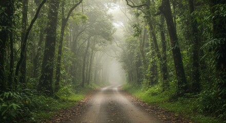 Obraz premium Misty road through lush green forest with tall trees and sunlight filtering through the canopy creating an atmospheric image