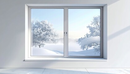 Naklejka premium Scenic view showcases a serene winter landscape, revealing snow-covered trees and hills through a bright window, creating a tranquil indoor space with a minimalist white aesthetic, portraying cold,...
