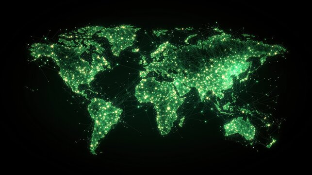 world map Global Network Connections World map with intricate web of interconnected nodes and pulsating data streams, representing global communication.