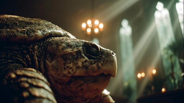 Ancient turtle in a mysterious, sun-drenched chamber with chandeliers and gothic windows, mystical discovery footage.