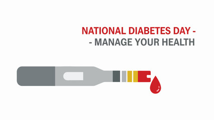 National Diabetes Day awareness graphic featuring a blood glucose test strip with a drop of blood, promoting health management.