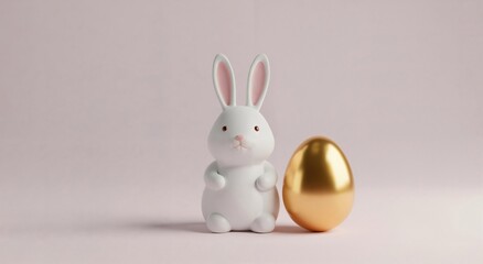 Obraz premium Cute white toy bunny standing beside a golden Easter egg. Minimalist holiday decoration for Easter celebration.