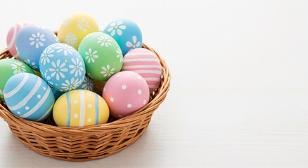 Fototapeta premium Colorful painted Easter eggs in a wicker basket on white wooden background. Spring holiday celebration concept with copy space.