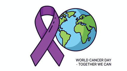 A purple awareness ribbon is placed in front of a stylized globe, symbolizing global unity and support for cancer awareness and research efforts.