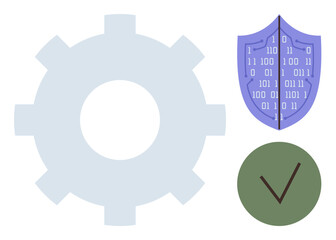 Gear representing processes, shield with binary code for digital security, green checkmark for successful validation. Ideal for cybersecurity, system integration, process optimization, safety, data