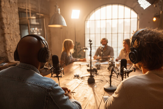 Podcasters recording audio discussion in broadcast studio