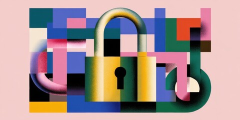 Digital Fortress: A secure digital world is represented by an artistic, multi-colored lock and key composition, symbolizing data protection and security in an interconnected world.