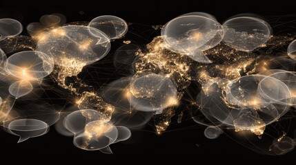 Global Communication Bubbles: Visualize worldwide interconnectedness through a network of illuminated speech bubbles overlaid on a map. Representing the ease of modern communication.