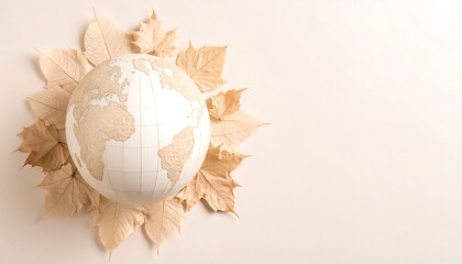 Earth globe, autumnal leaves, pale background