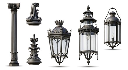 Antique street lamps collection isolated on white background