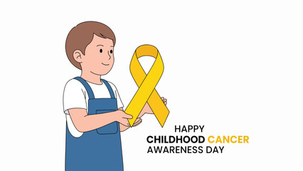 A young boy holds a bright yellow ribbon, symbolizing hope and awareness for childhood cancer, on a clean white background.