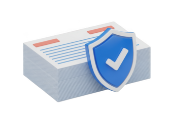 Secure document protection with a blue shield and checkmark isolated on transparent background