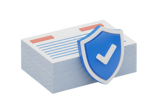 Secure document protection with a blue shield and checkmark isolated on transparent background
