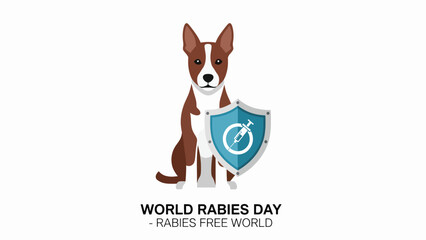 A brown and white dog sits protectively beside a shield featuring a syringe, symbolizing protection against rabies for World Rabies Day.