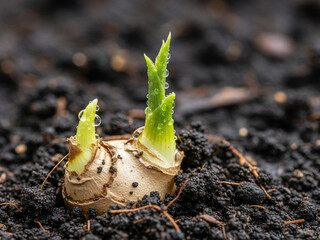 Ginger Sprout Pale Tip Emerging from Moist Soil