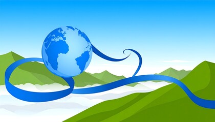 Earth globe, blue ribbon, mountains, clouds, sky