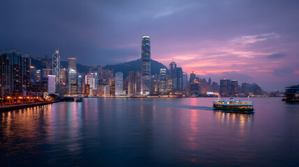Fototapeta premium Stunning Ultra-Detailed Cinematic Photograph of Victoria Harbour at Twilight with a Ferry in Hong Kong