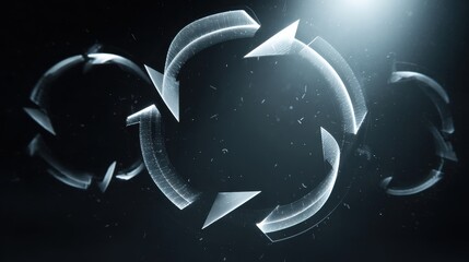 Recycling Abstract: A mesmerizing illustration of interlocking arrows, representing the eternal cycle of recycle, set against a dark, atmospheric backdrop.