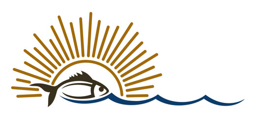 The symbol of fish with blue wave and sunrise.
