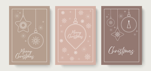 Merry Christmas and Happy New Year minimalist greeting cards with Christmas tree balls, stars and snowflakes