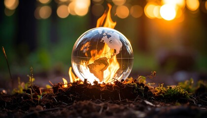 Earth globe burning in flames, symbolic of environmental crisis
