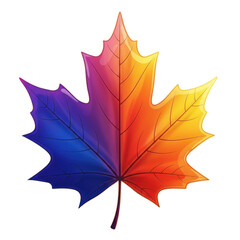 Obraz premium Vibrant gradient colored maple leaf symbolizing autumn and canada isolated on transparent background
