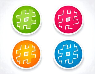 Four colorful circular buttons featuring a hashtag symbol