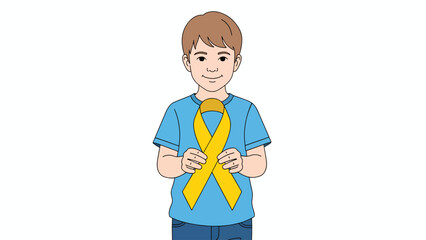 A young boy with light brown hair, wearing a blue t-shirt and jeans, holds up a bright yellow awareness ribbon with both hands, symbolizing support and solidarity.