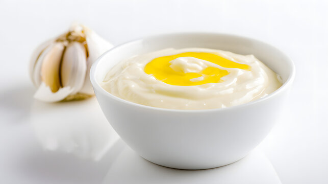 Creamy Garlic Aioli Sauce in White Bowl with Fresh Garlic Clove on White Background