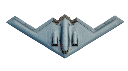 B-2 Spirit stealth bomber showing aerodynamic shape top view isolated on a Transparent background, PNG file.