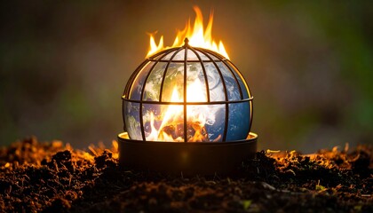 Earth globe burning in a fire pit