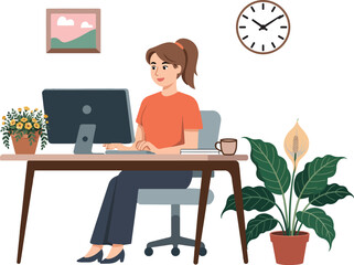 Woman working on a computer in an office isolated on transparent background