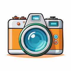 Illustration of a retro-style camera with an orange body, large lens, and various buttons and dials, presented in a cartoonish, outlined design.