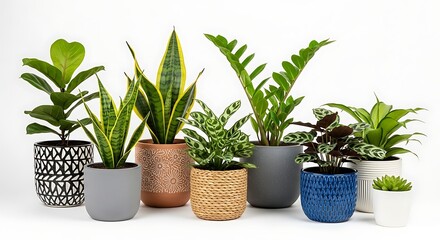 Fototapeta premium Assortment of potted houseplants displayed against a white backdrop