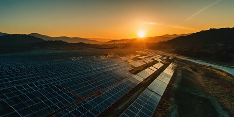 Sunrise Over Solar Panel Field: Witness the dawn of sustainable energy as the sun majestically rises over a vast solar panel field, set against a backdrop of rolling hills and a clear sky.