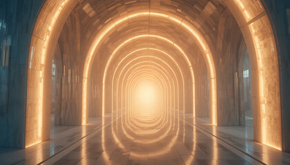 Fototapeta premium An illuminated tunnel with golden lights creating a path to the unknown