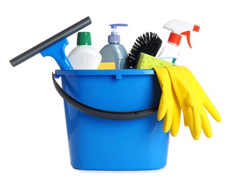 Blue bucket filled with cleaning supplies;  gloves, sponges, bottles, and squeegee - Powered by Adobe