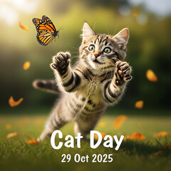 Cute Kitten Reaching for a Butterfly with Falling Leaves Celebrating Cat Day in 2025