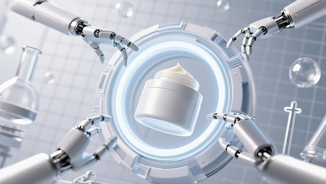 Robotic Hands Surrounding Holographic Interface in Skincare Lab, empty space, display circle,AI beauty technology, futuristic skincare research, medical lab robots, white and silver