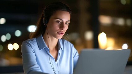 A professional woman using her laptop to tutor math headset on as she explains formulas during an online session soft home office lighting blending with digital screen glow atmo - Powered by Adobe