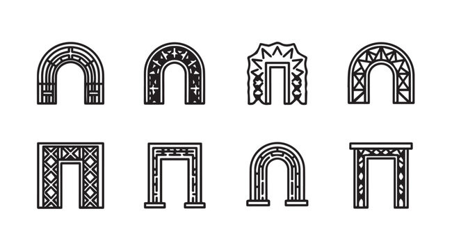 Collection of eight distinct architectural archway silhouettes with decorative patterns silhouette