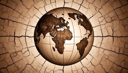 Earth globe, cracked, sepia background