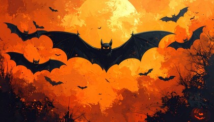 Spooky Night Flight: A dramatic, digitally painted scene showcasing a silhouette of bats soaring across an ominous, fiery orange sky, evoking a sense of mystery and thrill. 