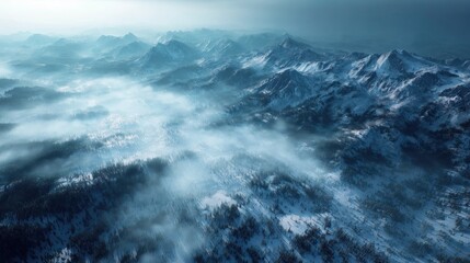Snowy mountain foggy landscape