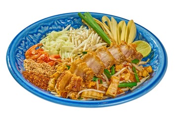 Authentic Thai Fried Noodles (Pad Thai) Topped with Savory Crispy Pork